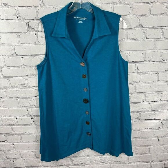 Soft Surroundings Women’s Sleeveless Mismatched Eclectic Button Teal Shirt M - Picture 1 of 7